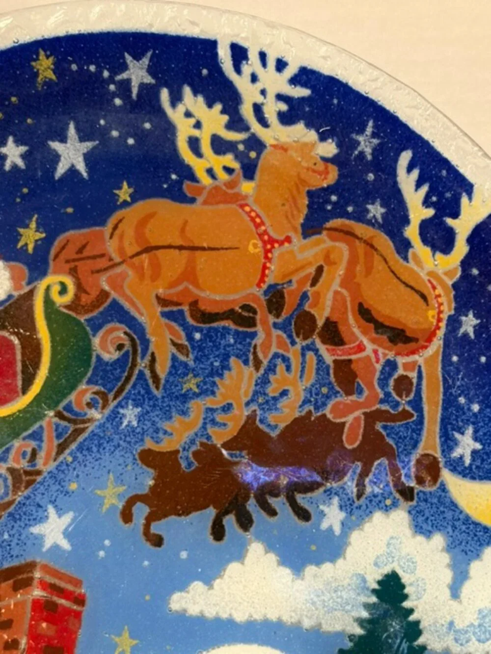Peggy Karr Santa Sleigh and Reindeer Large Fused Glass 13.5